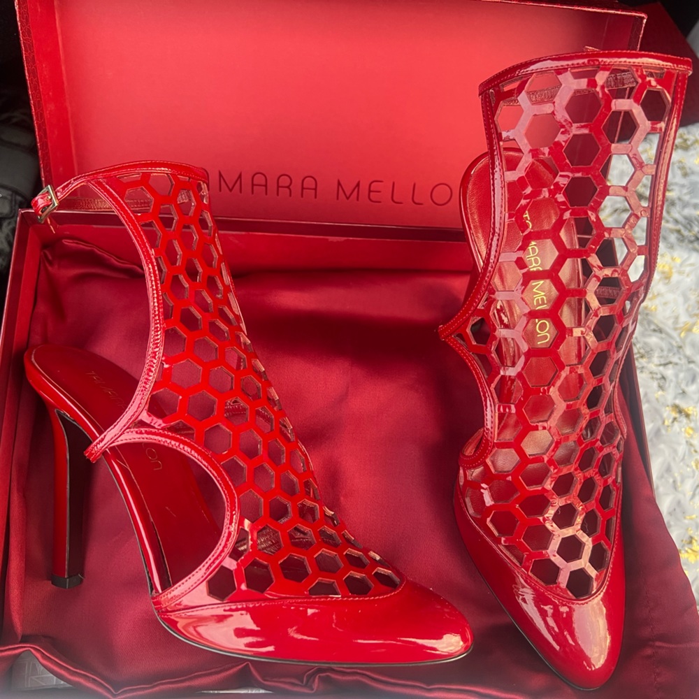 Tamara Mellon red patent leather cage